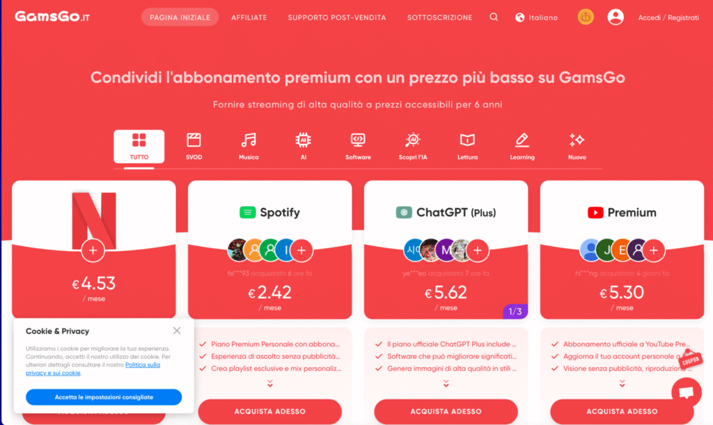 Gamsgo | Rispamia sugli abbonamenti con un account condiviso