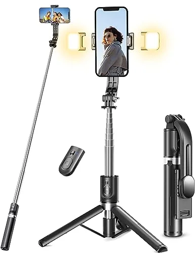 Bastone Selfie Treppiede Migliorato- 2 Luce di Riempimento, 114 CM Selfie Stick Treppiede per Telefono Extra Lungo con Telecomando Staccabile Compatibile con iPhone Samsung Smartphones