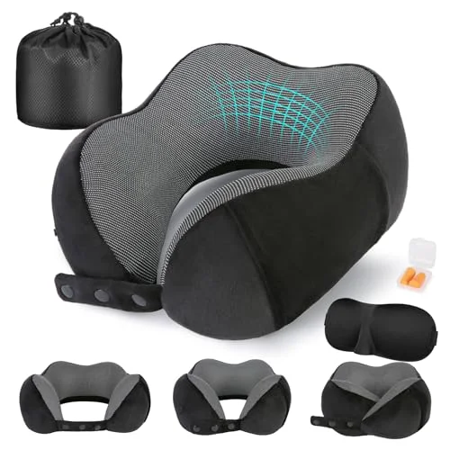 Cirorld Cuscino da Viaggio Collo, Cuscino Aereo Memory Foam Regolabile e Compatto, Cuscino Cervicale da Viaggio, Inclusa Maschera per Dormir, Tappi auricolari, Borsa per Trasporto