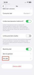 impostazioni iphone pin sim