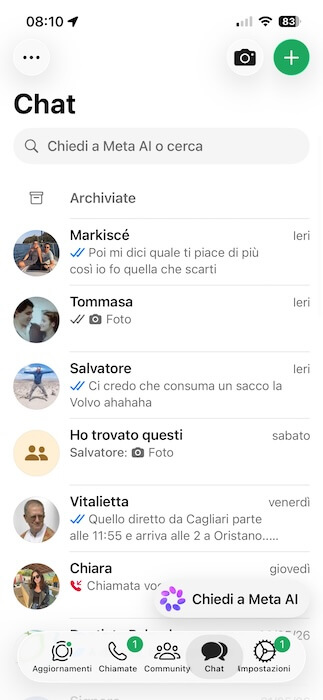 whatsapp schermata iniziale chat