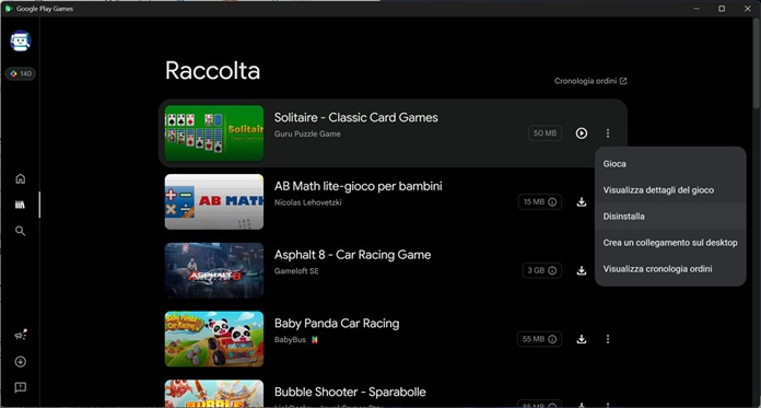 Google Play Games Disinstalla Gioco
